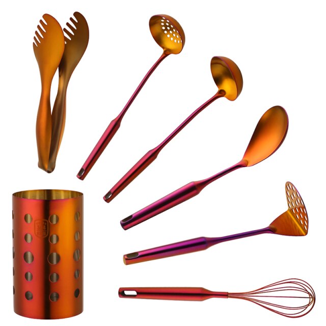Kit 7pcs Utensílios Gold - Em inox escovado